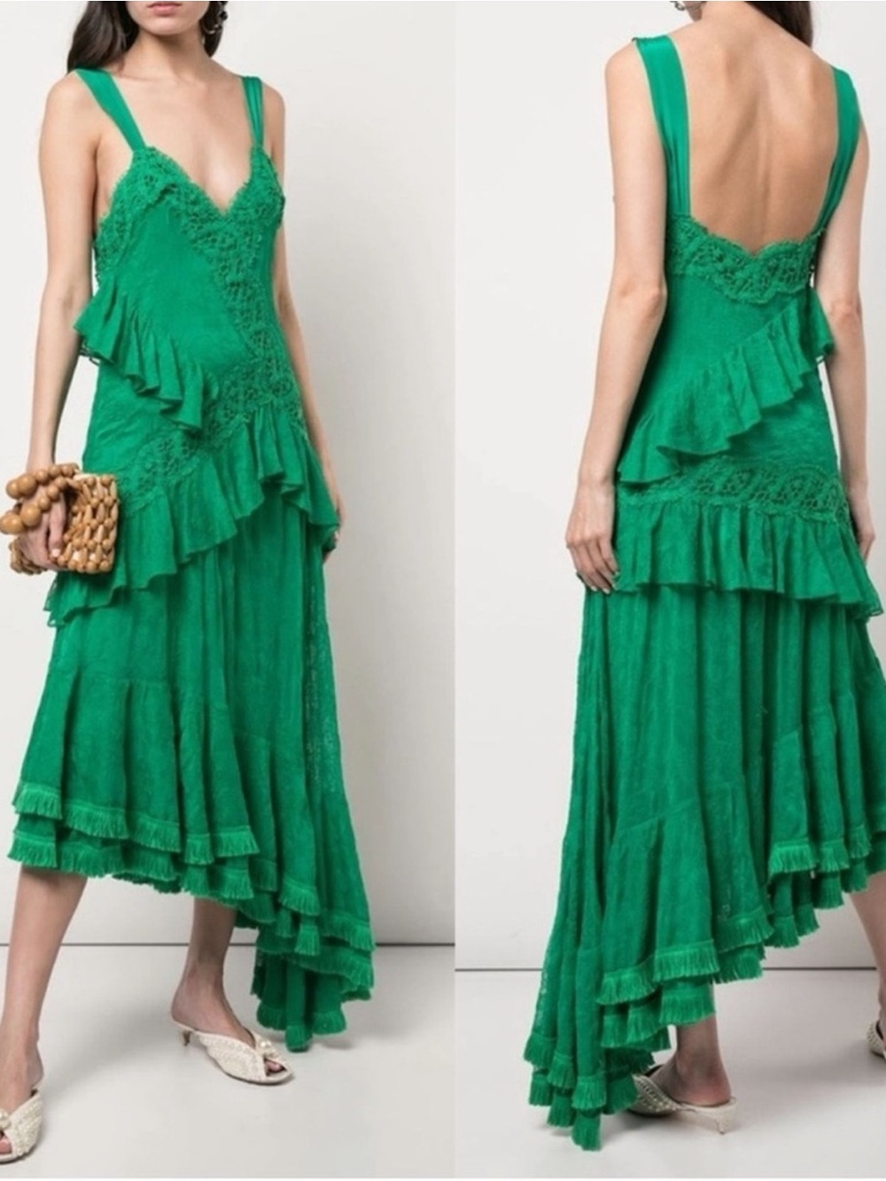 Alexis Bozoma Emerald Green Asymmetrical Ruffle Lace Midi Gown Size 8